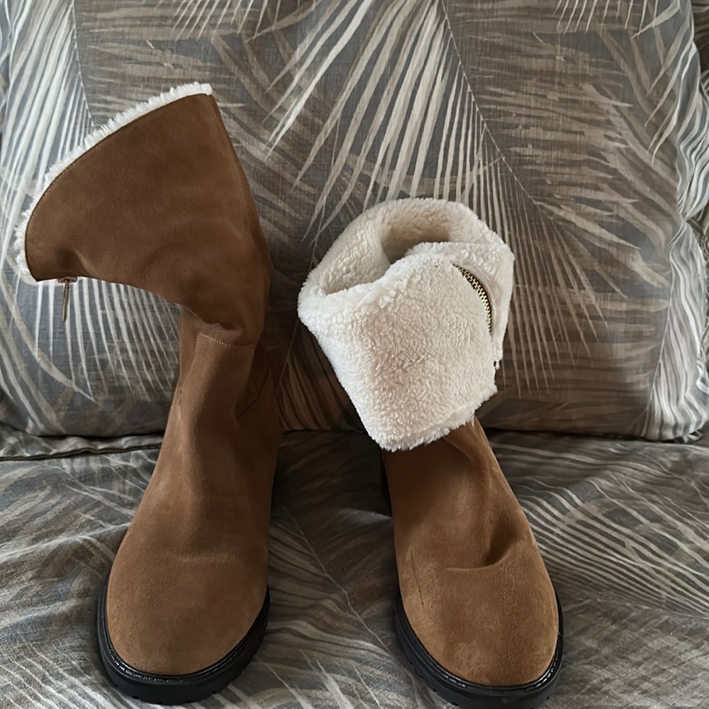 Bandolino Tan Suede Shearling-Lined Foldover Boots